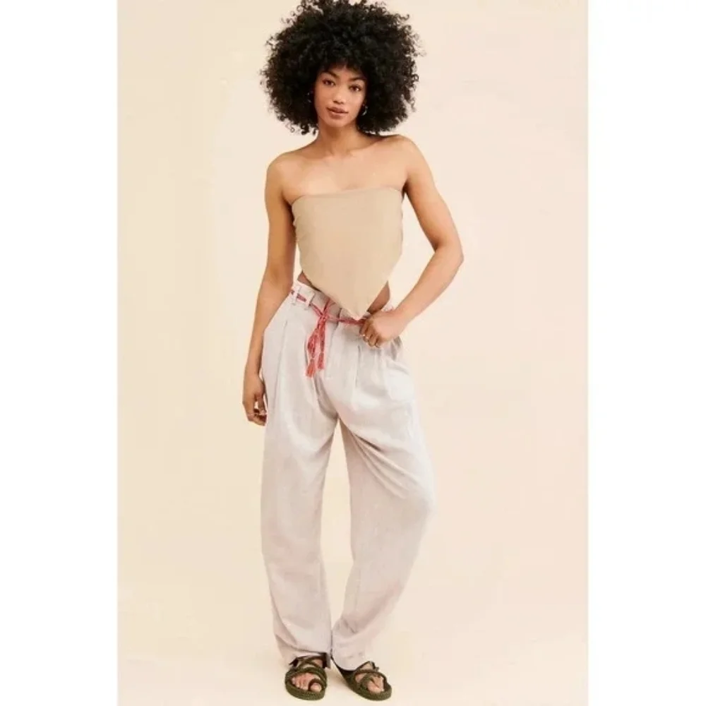 Free People Calla Pleated Trousers Womens 6 Neutral Relaxed Linen Blend